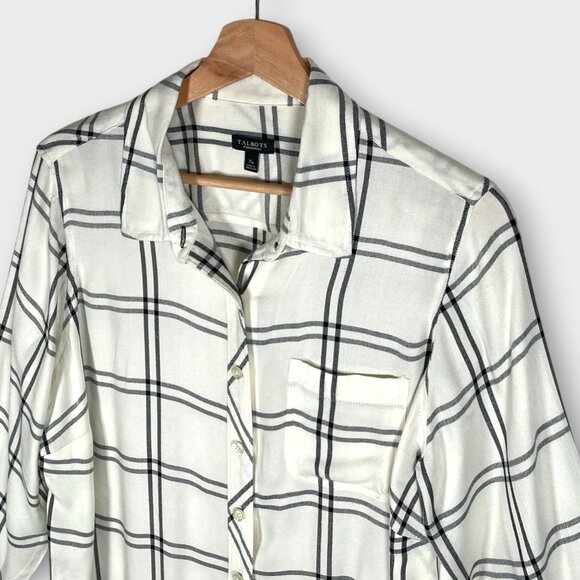 🍂🍁 TALBOTS Button Up Blouse XP White Black Rayon Casual to Office - Picture 3 of 7
